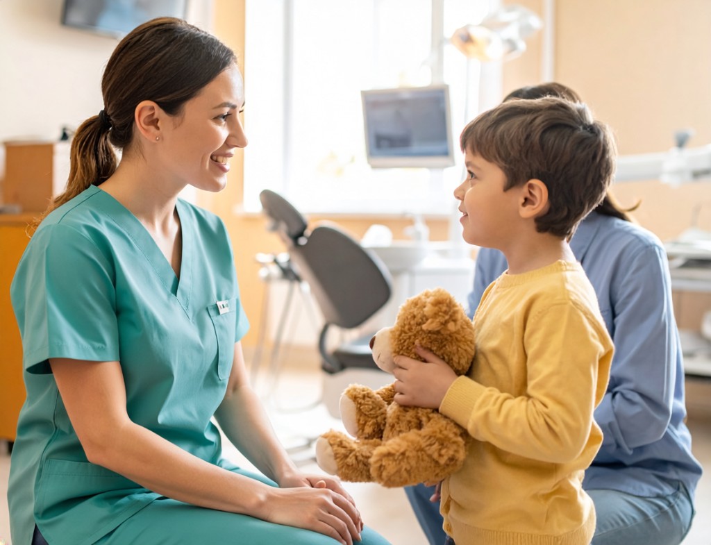 Dental team member kneeling to talk with a young boy holding a teddy bear