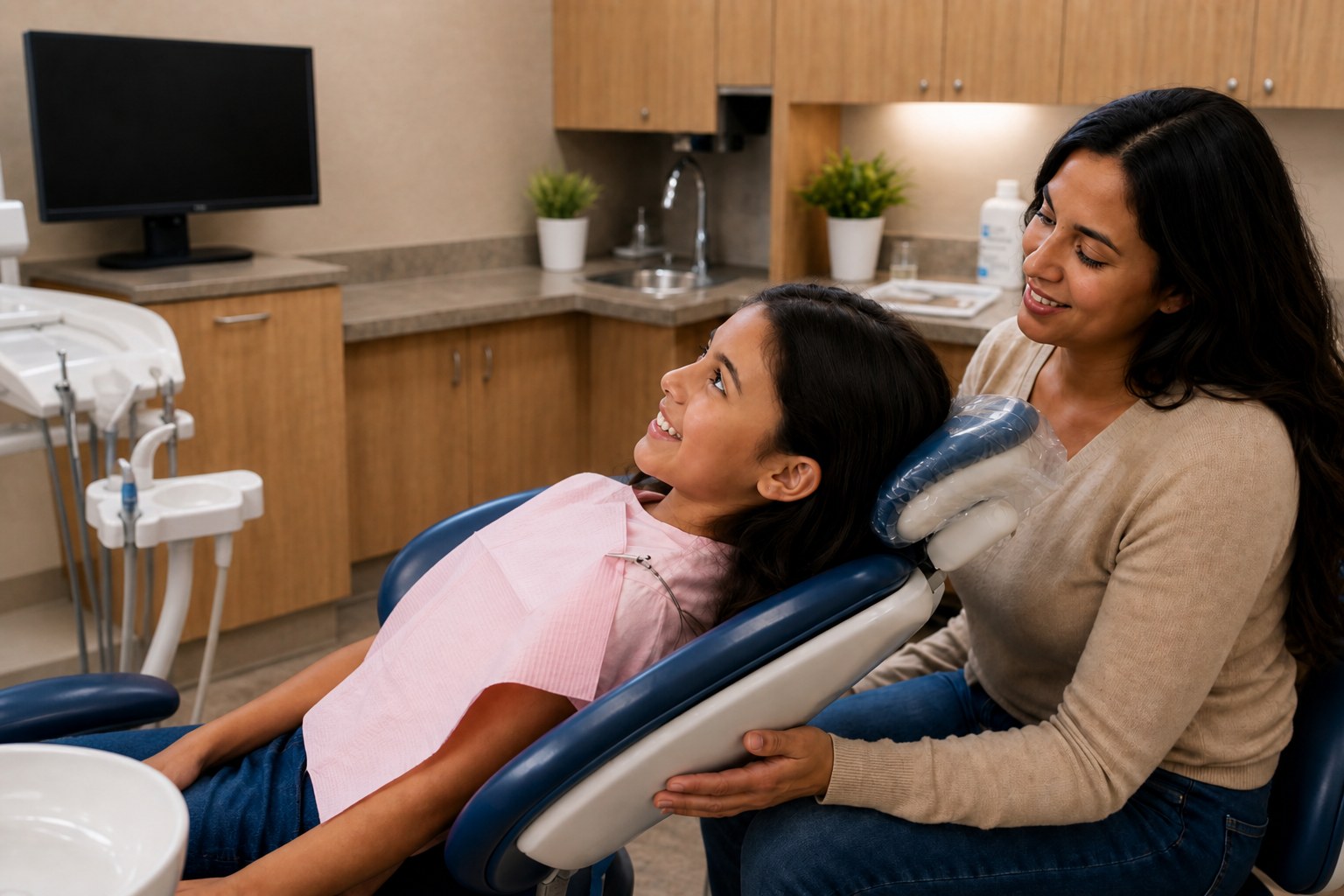 Parent sitting beside her daughter in the dental chair for reassurance