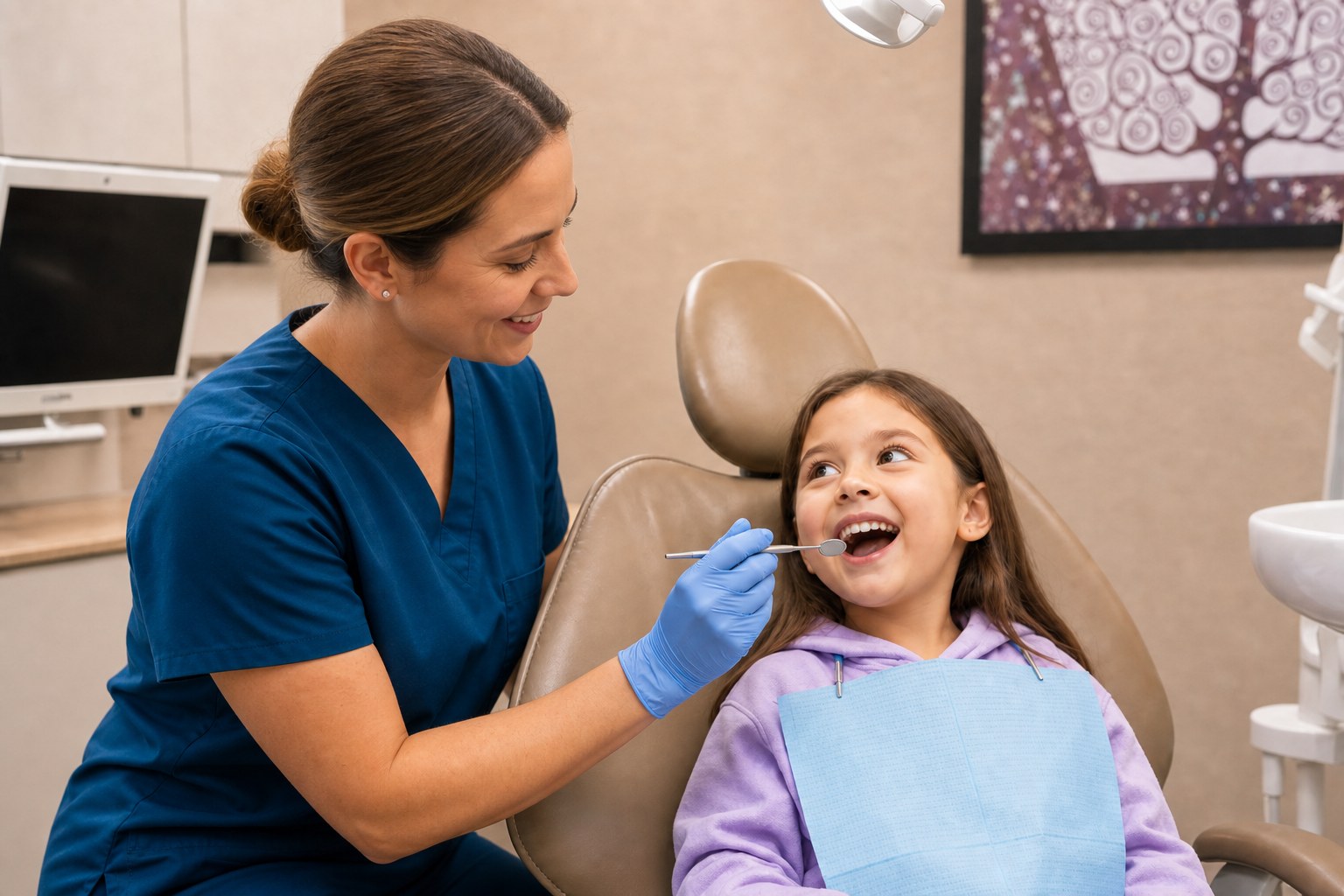 Smiling girl in a dental chair during a children's dental checkup