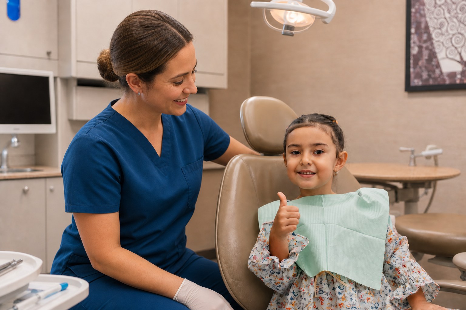 Young girl giving a thumbs up in the dental chair beside a team member