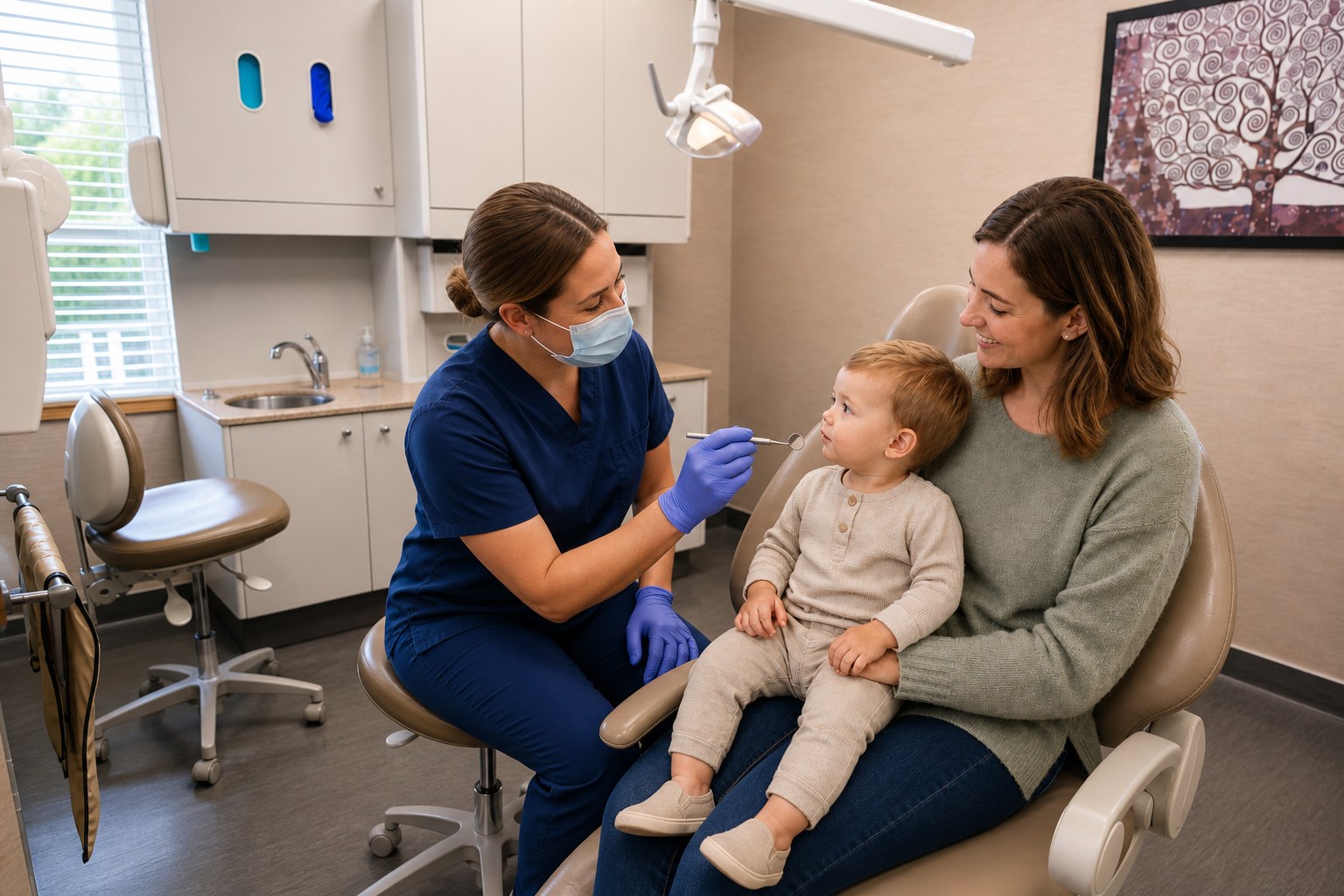 Parent holding a toddler on their lap in the dental chair while a team member looks at the child's teeth