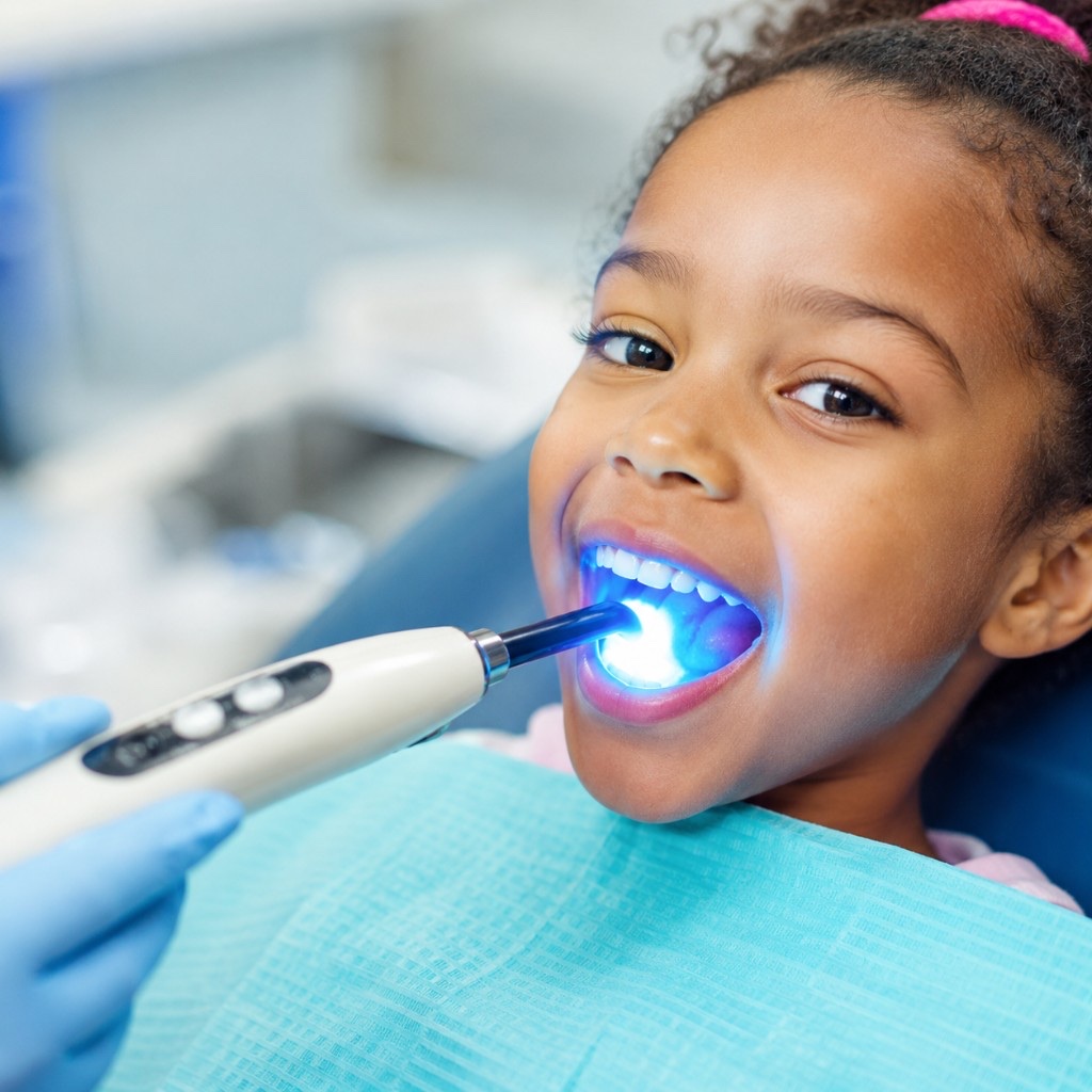 Young girl in the dental chair as a curing light sets a dental sealant