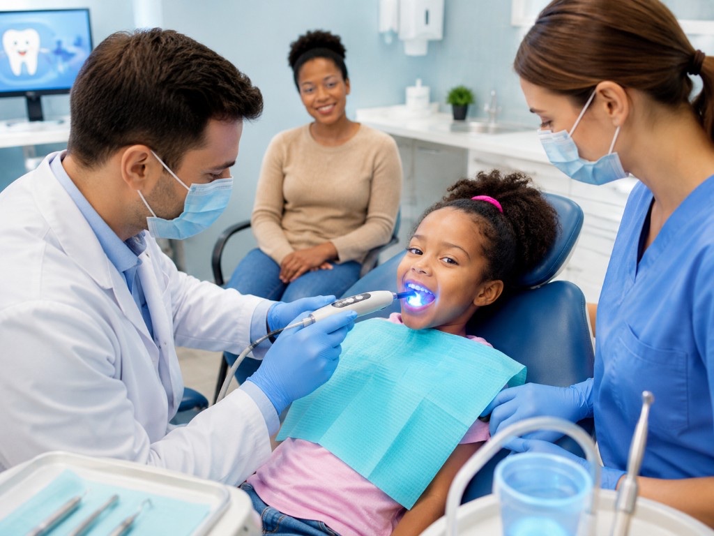 Dentist applying a sealant to a child's back teeth while a parent and dental assistant look on