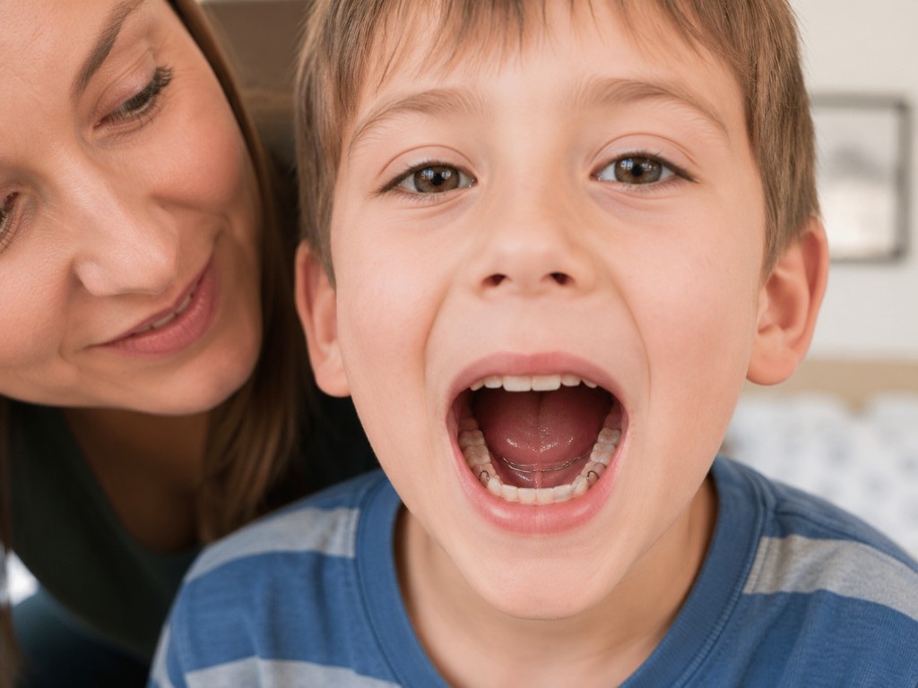 Young boy opening wide for a dental check with his mother beside him