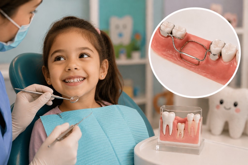 Smiling girl in the dental chair, with an inset showing a fixed band-and-loop space maintainer on a model