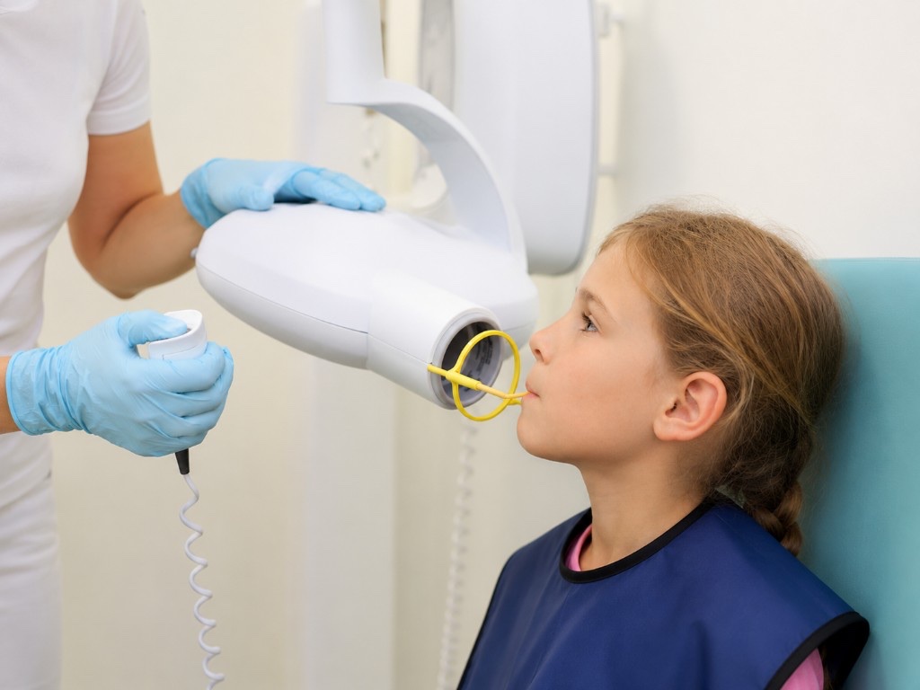 Young girl having a dental X-ray taken with a small digital sensor