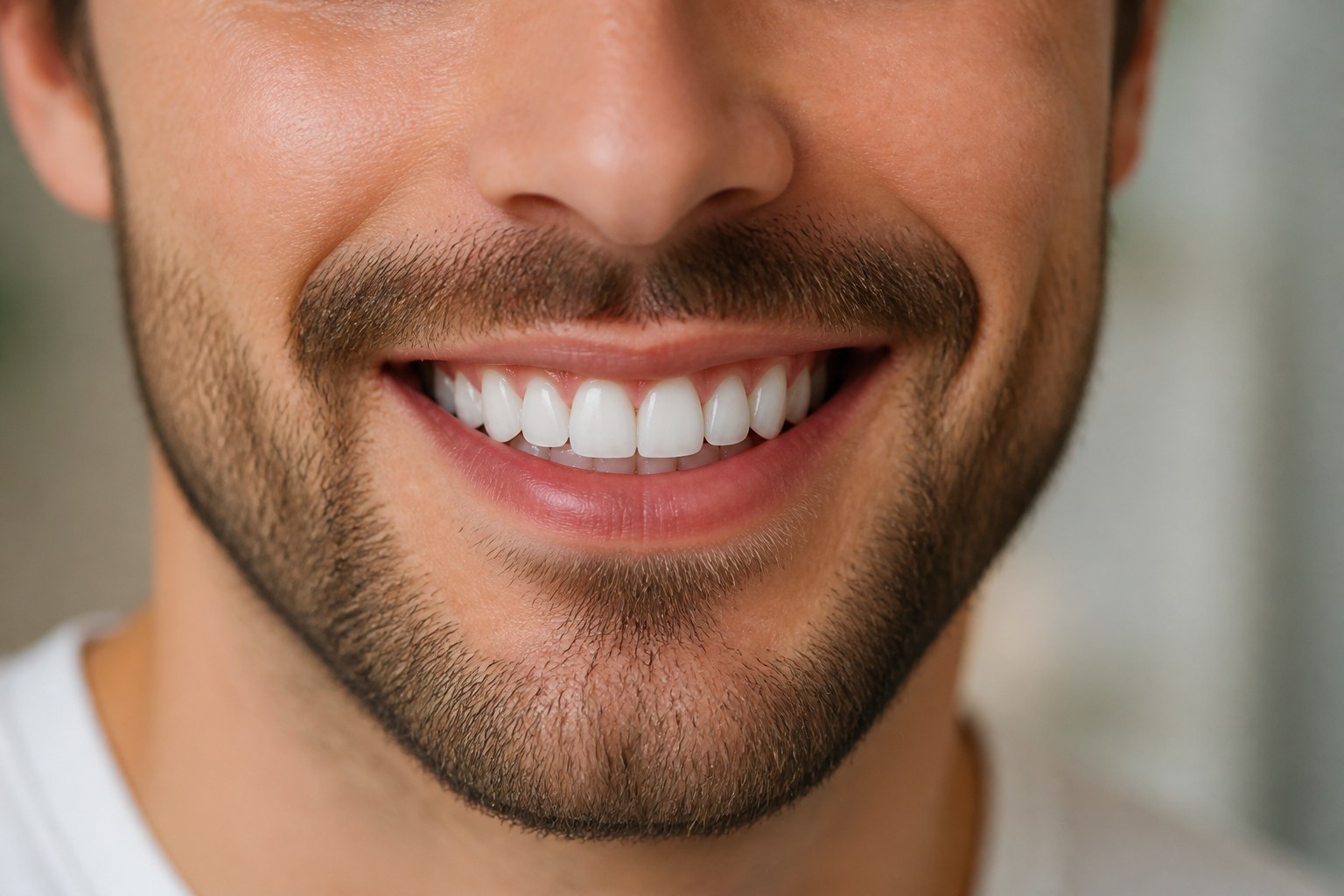 Close-up of a man smiling with healthy gums and teeth