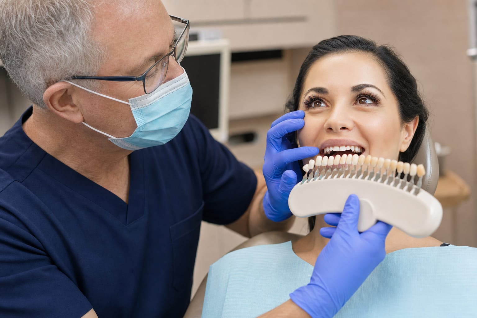 Dentist holding a shade guide up to a smiling patient's teeth