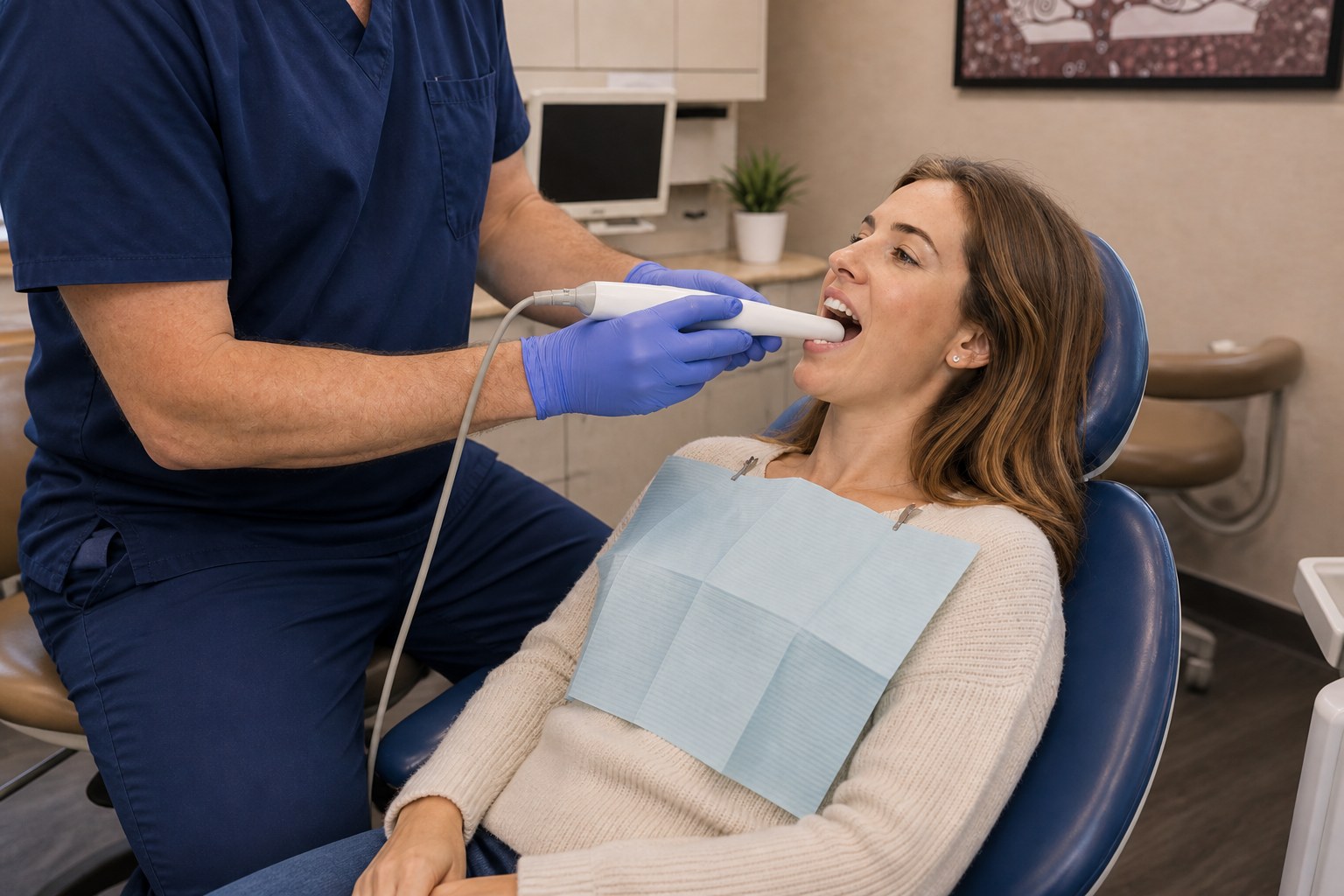A dental professional using a small handheld intraoral camera to examine a smiling patient