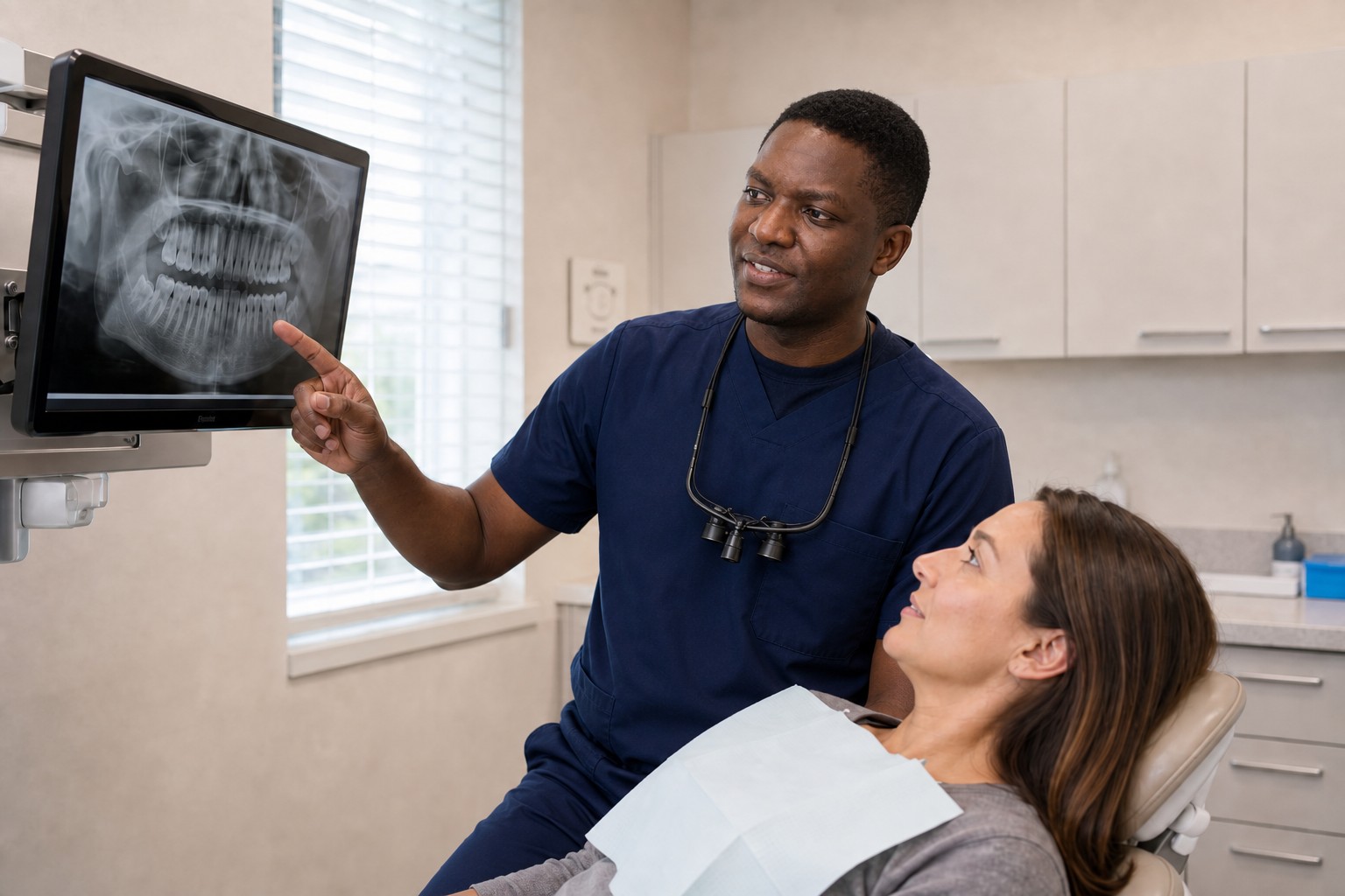 A dentist pointing to dental images on a screen while explaining them to a patient