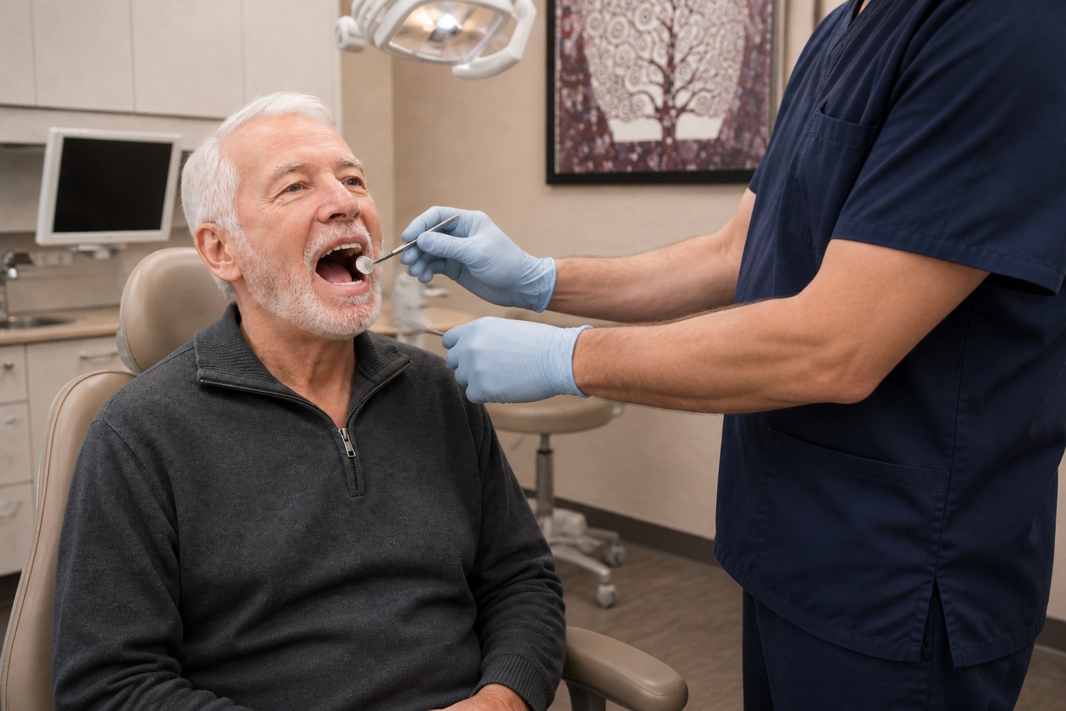 A dentist examining the mouth of an older male patient during a dental checkup