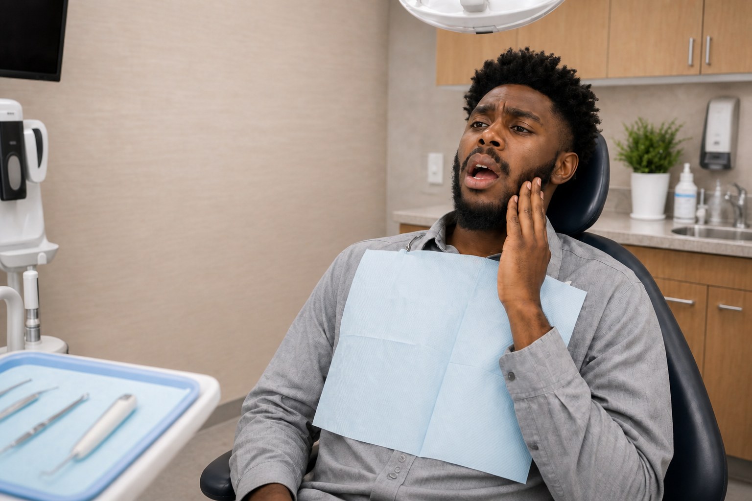 Patient in a dental chair holding his jaw in pain