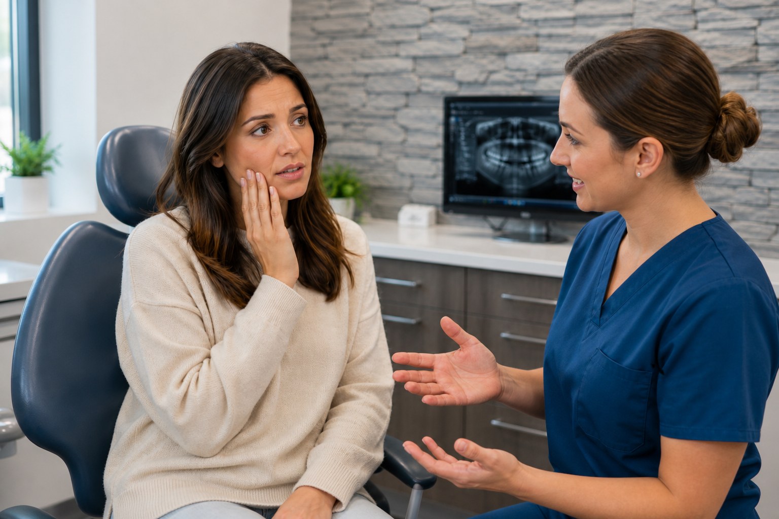 Patient holding her cheek while talking with a dental team member