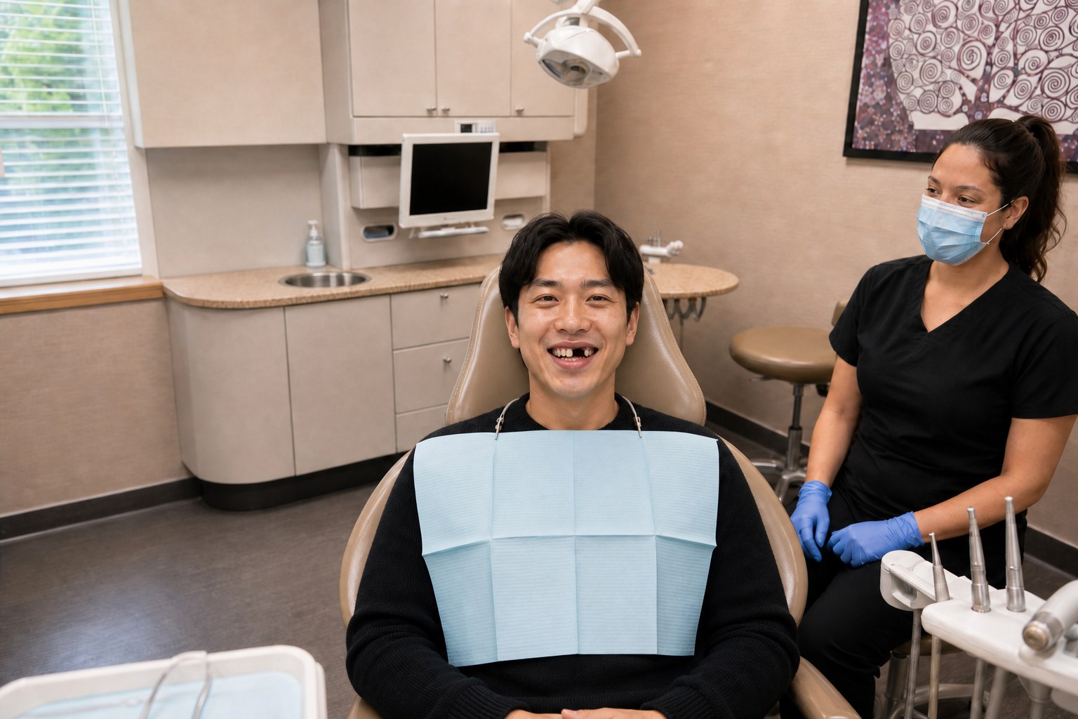 Patient with a missing front tooth sitting in a dental chair beside a dental assistant