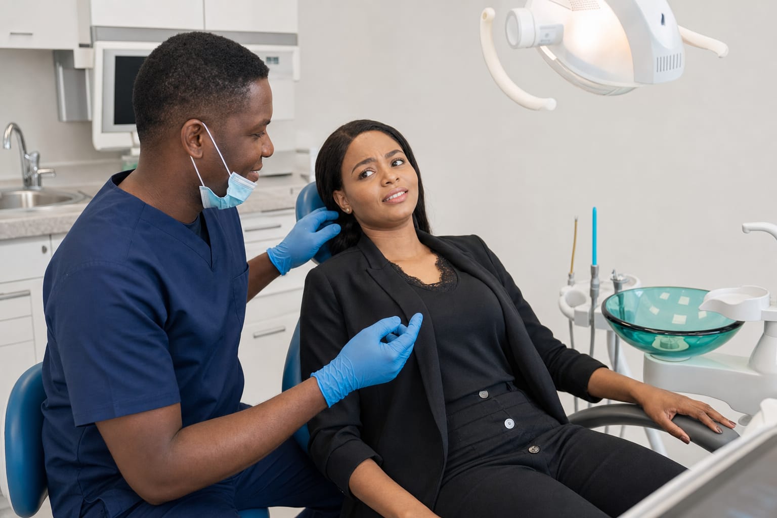 Dentist examining a patient who is pointing to the side of her jaw