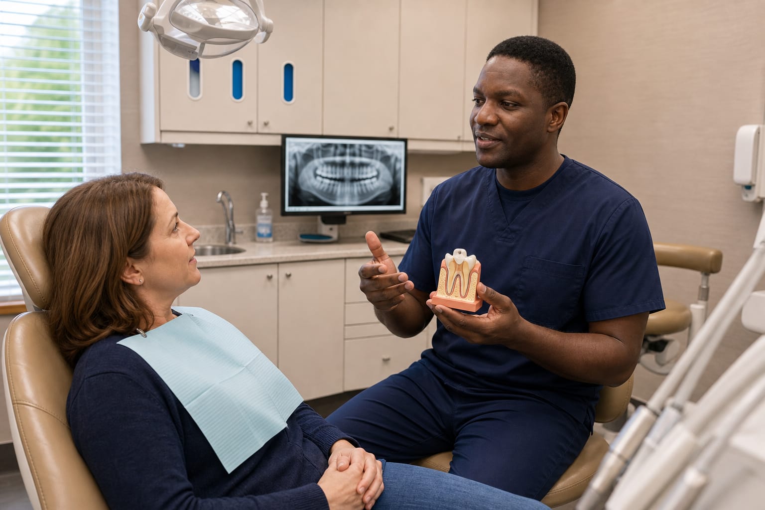 A dentist explaining a tooth model to a patient, with a dental X-ray on the screen behind them