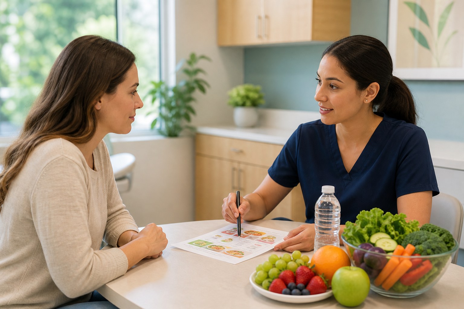 A dental team member reviewing a healthy eating guide with a patient beside a bowl of fresh fruit and vegetables