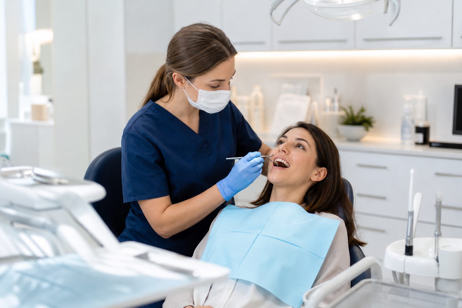 A hygienist chatting and laughing with a relaxed patient during a dental visit
