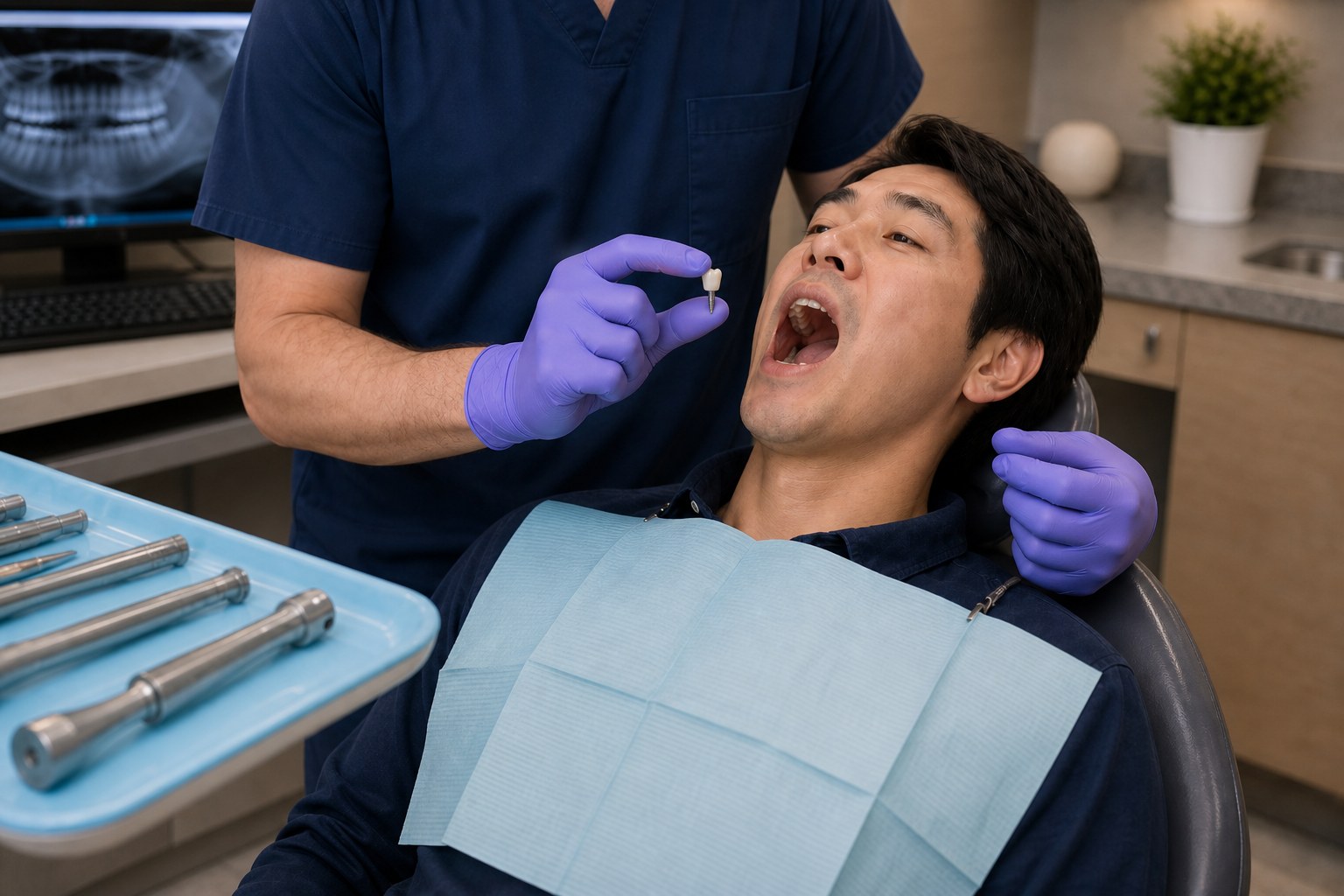 Dentist examining a patient's teeth during a restorative appointment