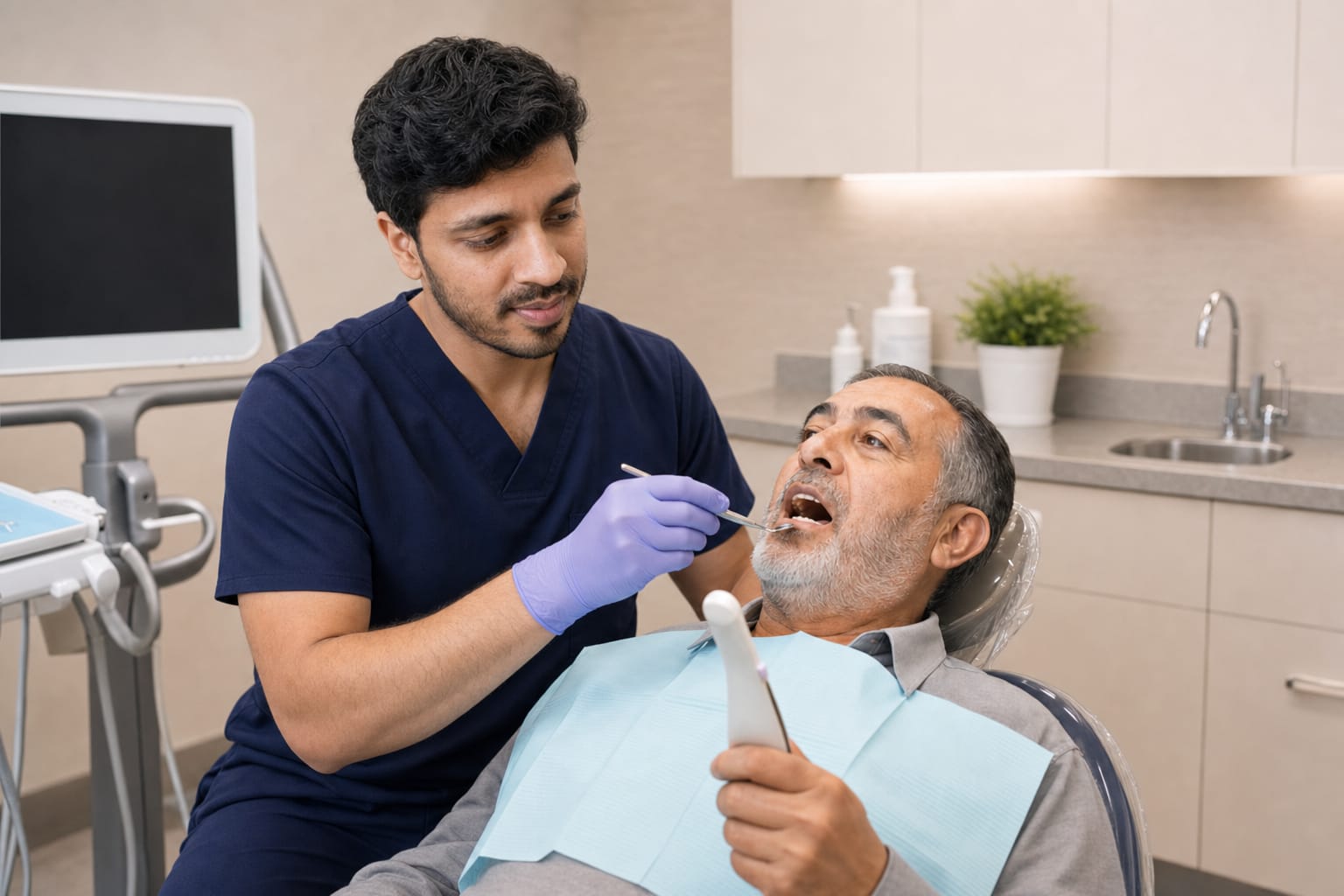 Dentist checking an older patient's existing dental work