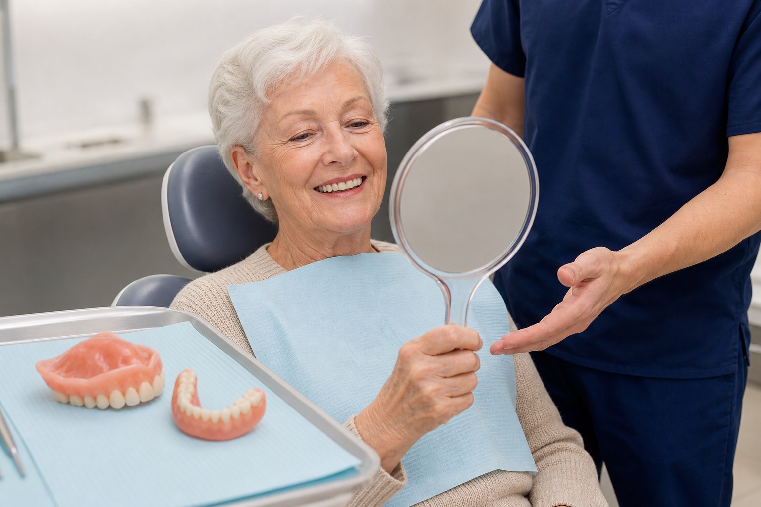 A smiling patient looking in a hand mirror, with dentures on the tray in front of her