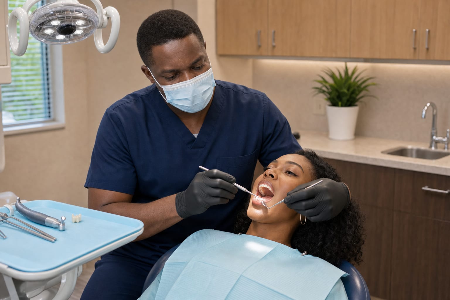 A dentist examining a patient's back teeth during a restorative consultation