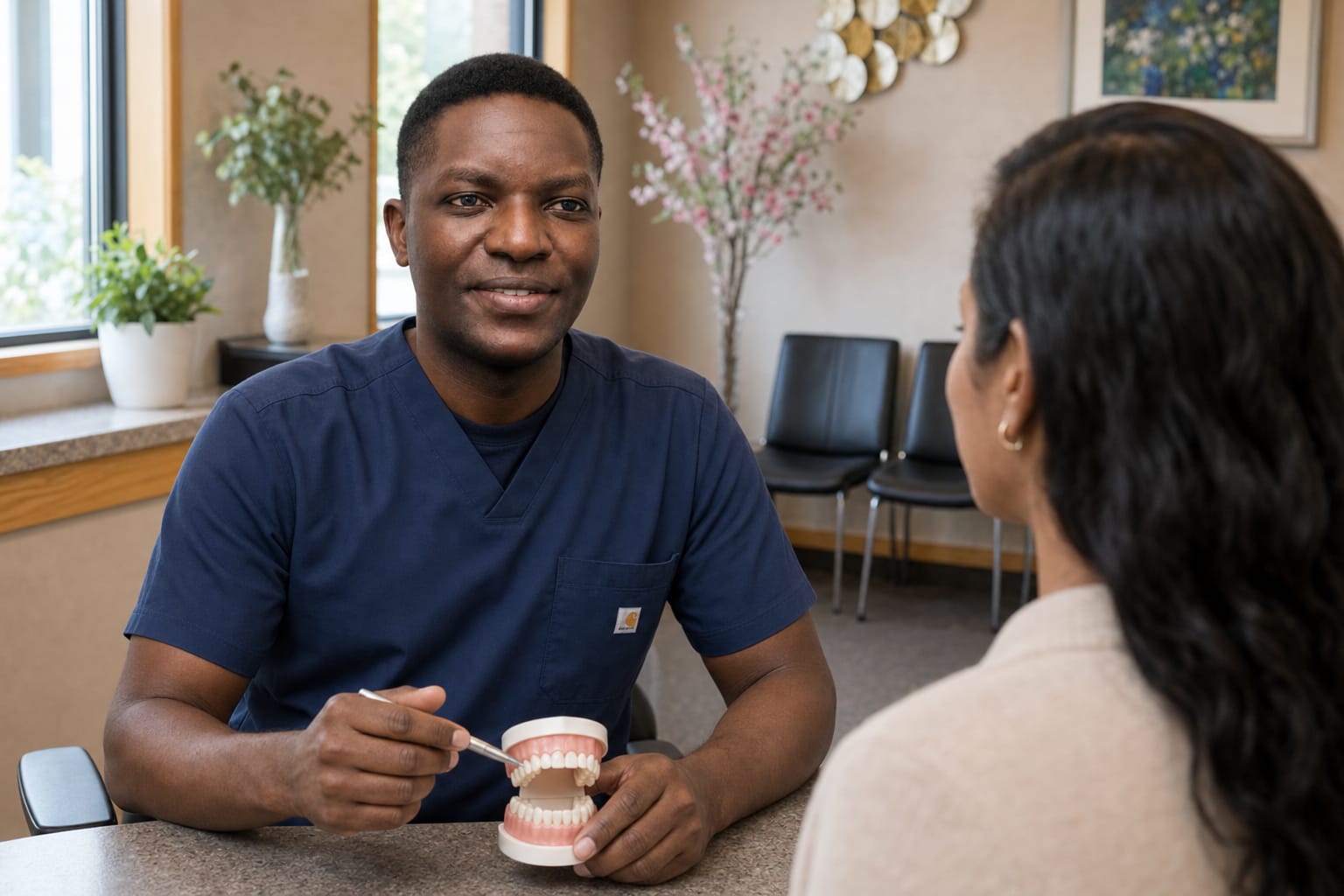 Dentist using a model of teeth to explain treatment options to a patient