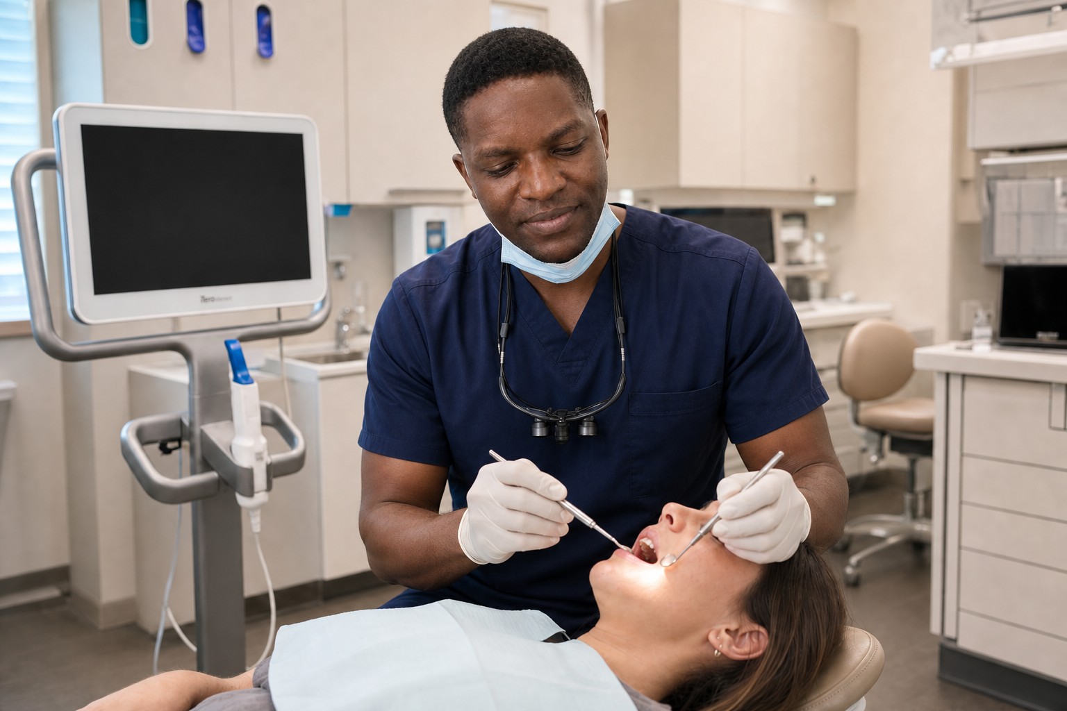 Dentist examining a patient's teeth and bite in a treatment room
