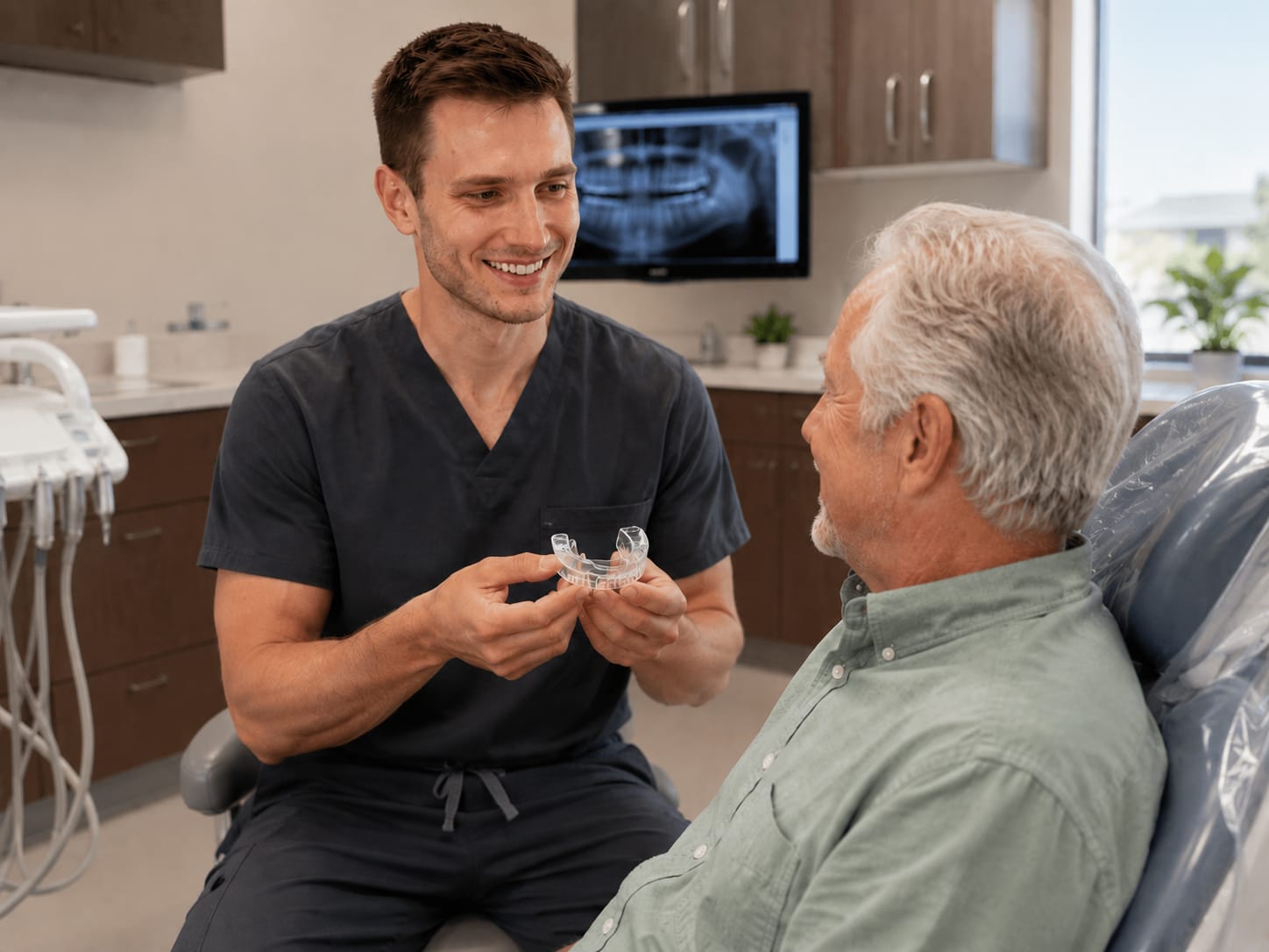 Dentist discussing jaw symptoms with an older patient in the dental chair