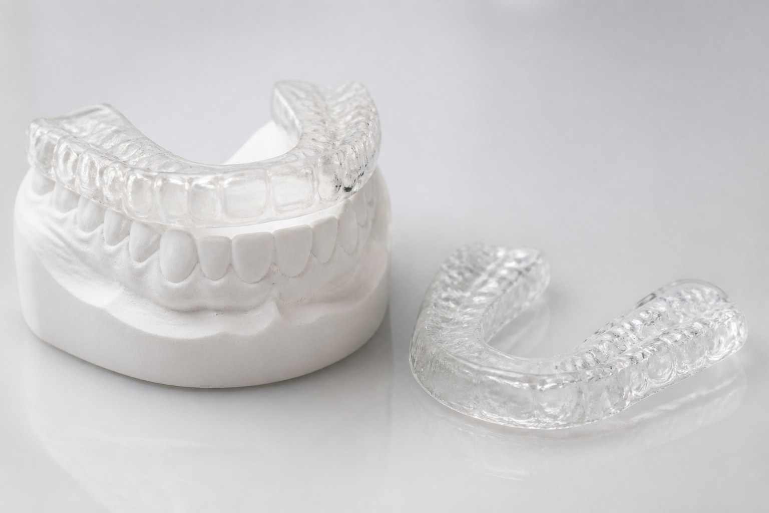 Clear custom night guard beside a dental model of the teeth